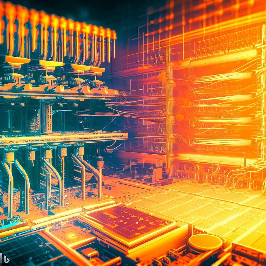 Artificial image of a quantum computing machine connected to power supply