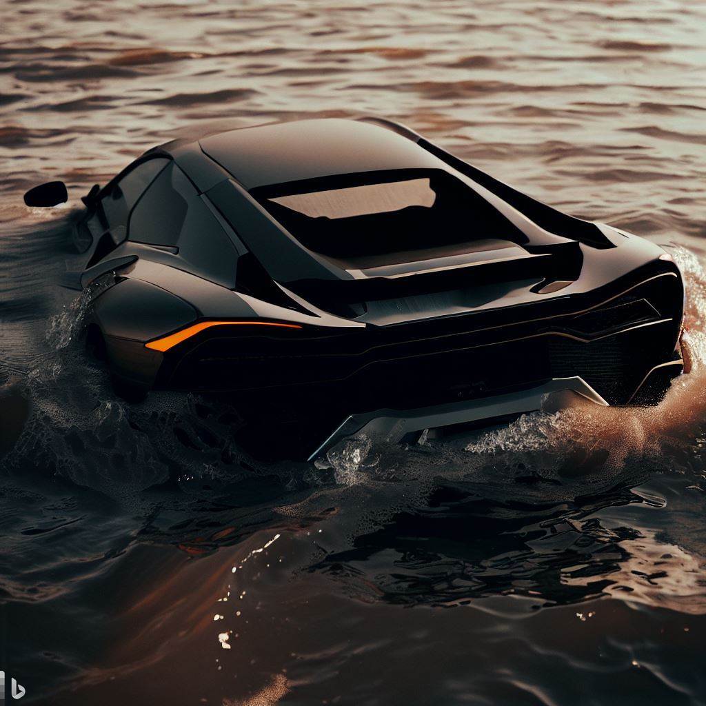 Dall.e. AI Generated image of a super car sailing in water.